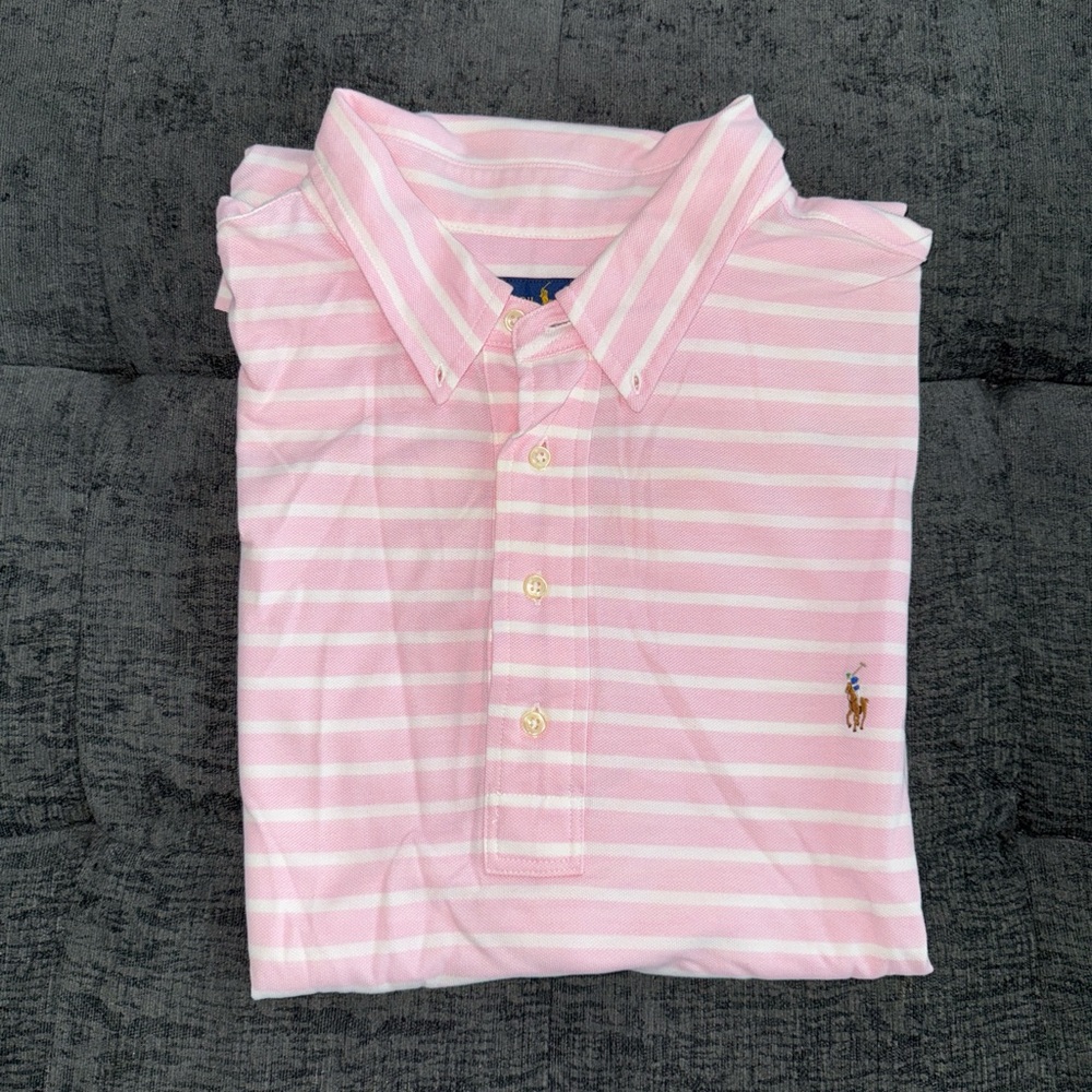 Pink/White stripe Polo Ralph Lauren shirt with a multicolor pony.
